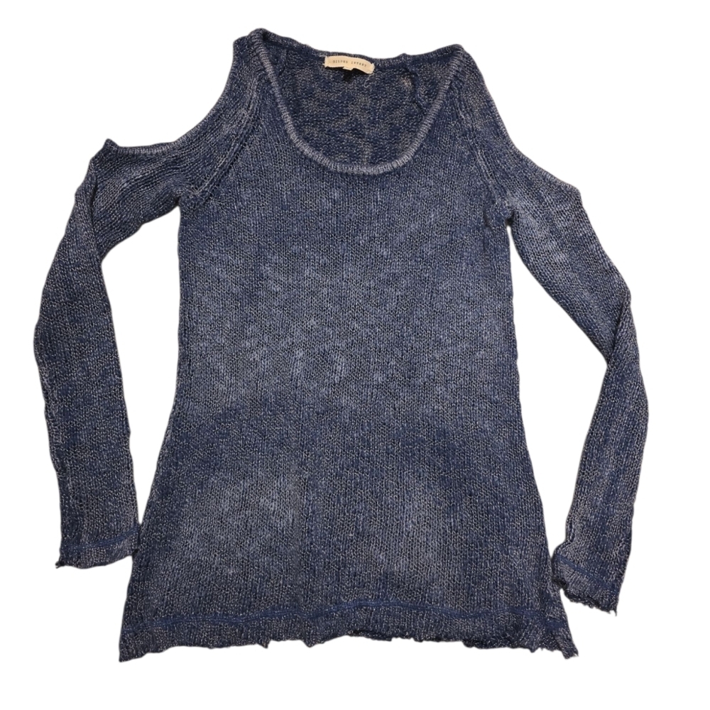 Women's Blue Sweater XS Buckel Gilded Intent Blue Open Shoulder Distressed BKE